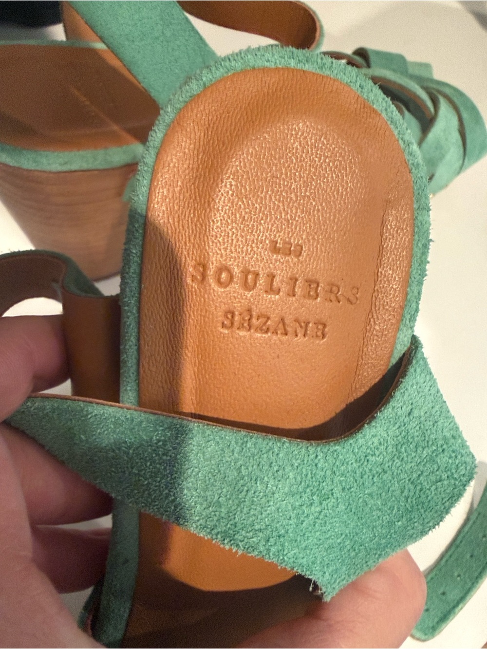 Sezane Mint Green Suede Wedge Sandals